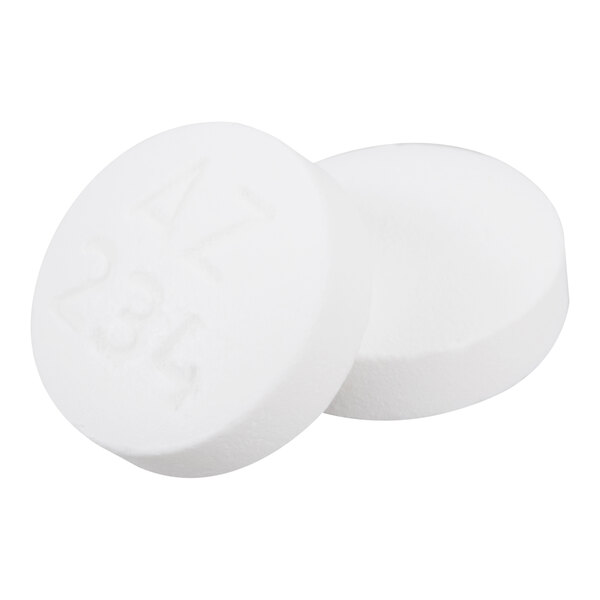 Two round, white tablets with an imprint of letters and numbers on one side, shown against a white background.
