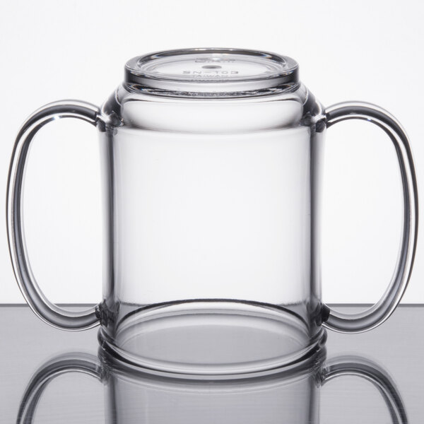 A clear Tritan plastic mug with two handles.