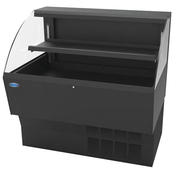 A black Federal Industries low profile air curtain merchandiser on a counter.