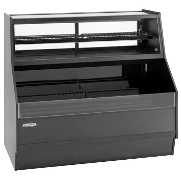 A black Federal Industries air curtain merchandiser with a glass top.