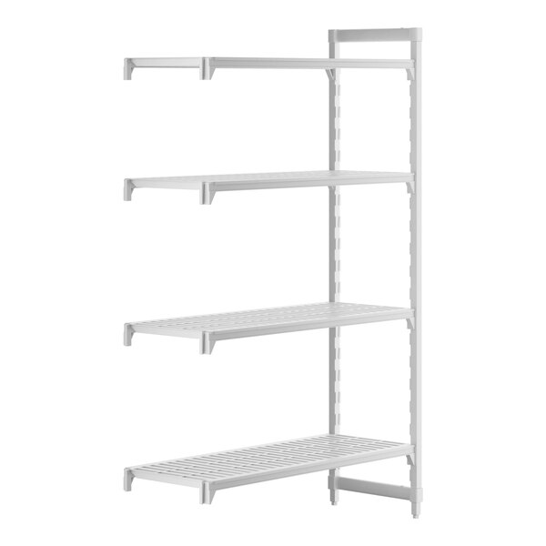 A white plastic shelf with four shelves.