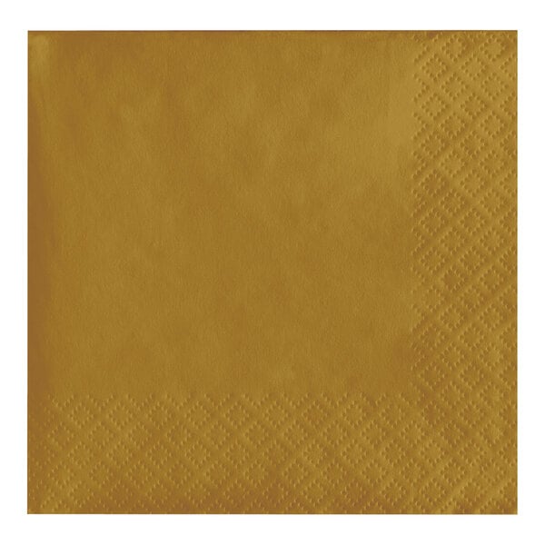 A brown Creative Converting Glittering Gold 2-ply paper napkin with a square design.