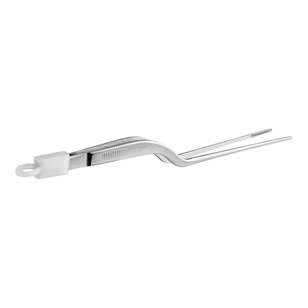 A pair of Mercer Culinary offset tongs with a curved handle.