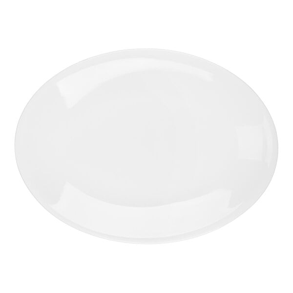 A bright white oval porcelain platter with a rolled edge, measuring 13 1/2 by 10 inches.