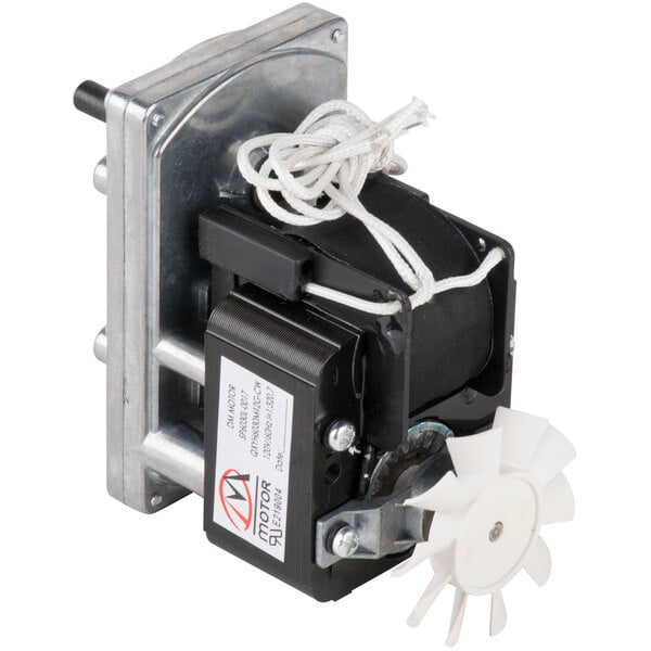 A close-up of a small black and silver motor with a fan attached and a white cord.