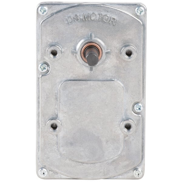 a metal box with a black button