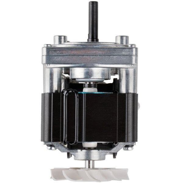 A close-up of a small metal Avantco motor with a black and white wheel.