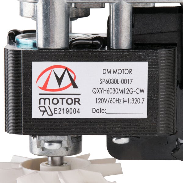 A small black and silver motor for an Avantco conveyor toaster with white text.