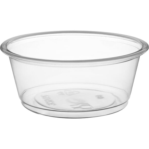 A clear plastic Choice souffle container with a clear lid.
