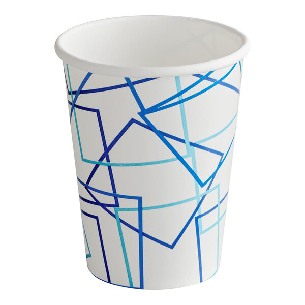A white paper cold cup with blue lines on it.