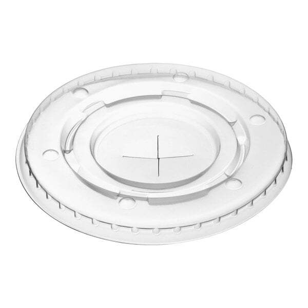 A clear, round plastic lid with a cross-shaped straw slot in the center.