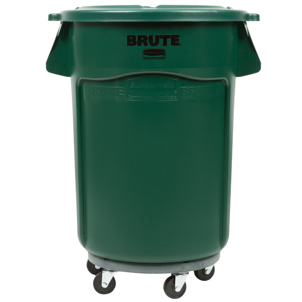 A green Rubbermaid BRUTE trash can with wheels.