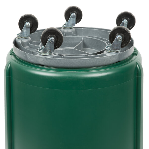 A green Rubbermaid BRUTE container with wheels.