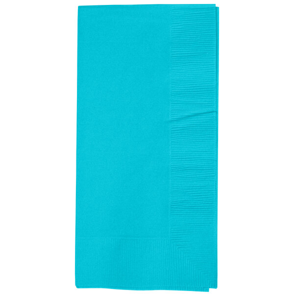 A blue paper napkin with a white border.