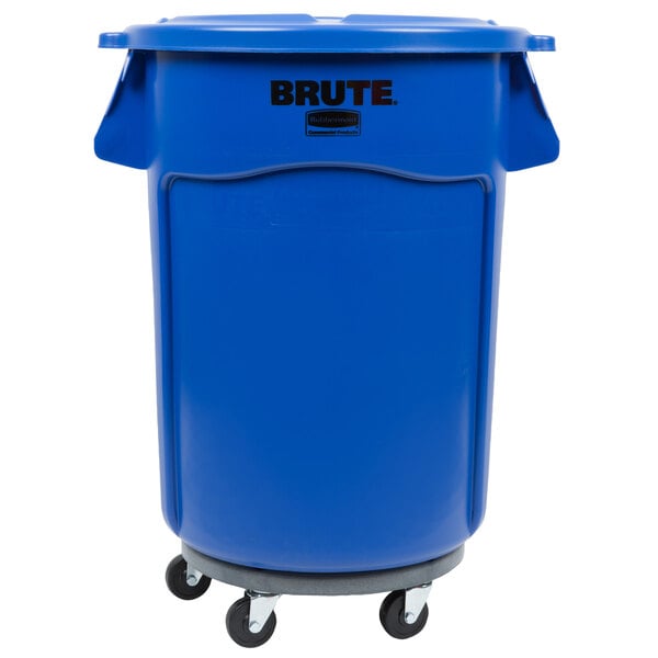 A blue Rubbermaid BRUTE trash can with wheels and a lid.