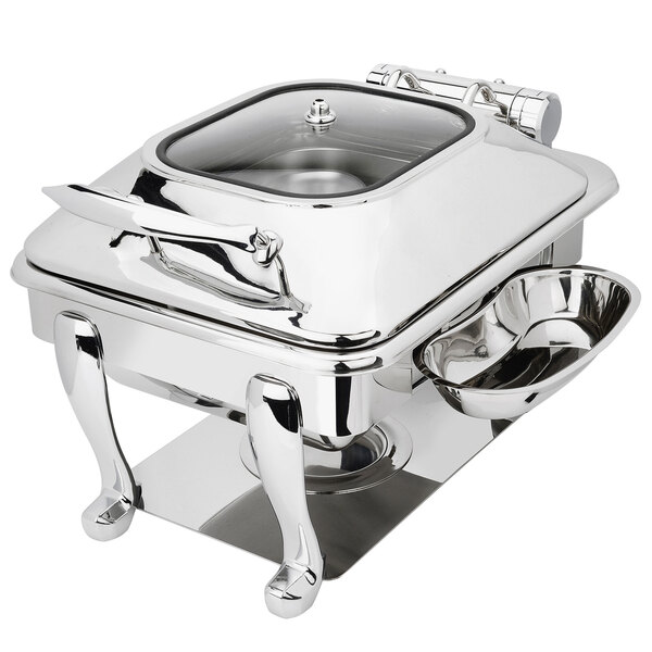 A silver rectangular Eastern Tabletop chafing dish with a hinged glass lid on a silver stand.