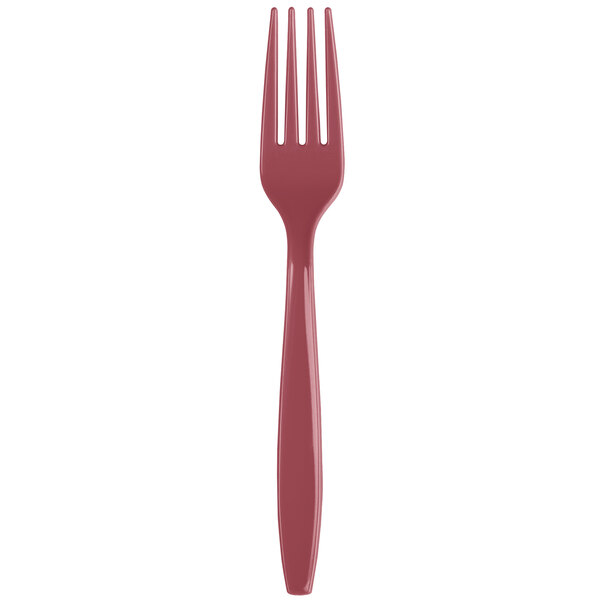 A close up of a Creative Converting burgundy plastic fork.