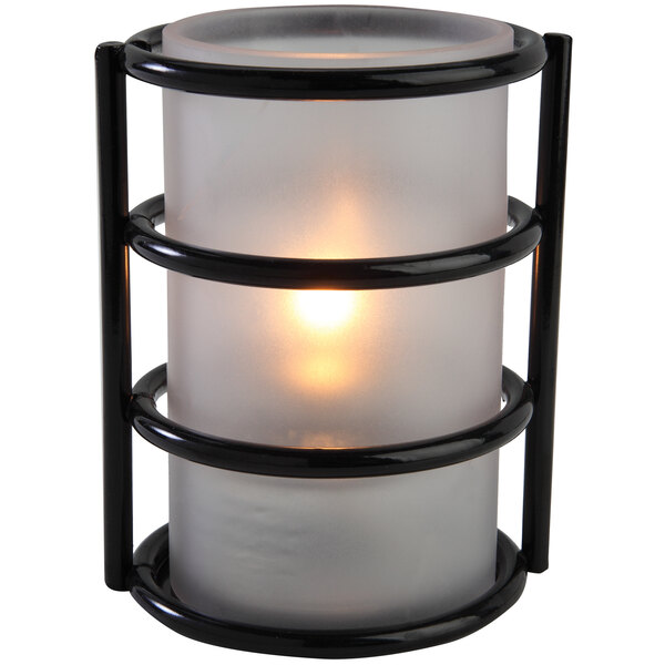 A Sterno Epic Frost Lamp with a metal frame and glass shade with black and white glass.