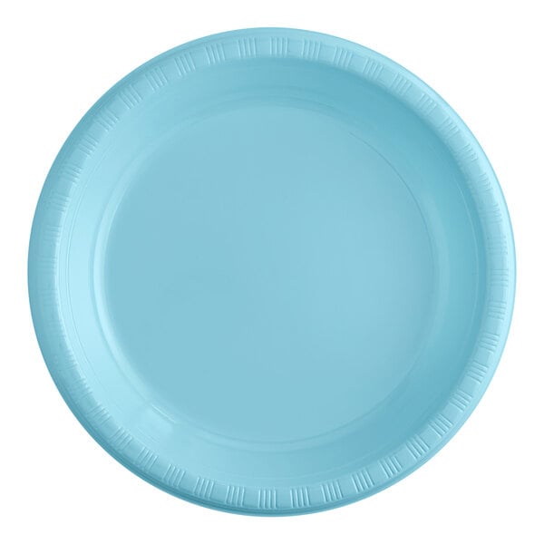 A close-up of a light blue plastic plate.