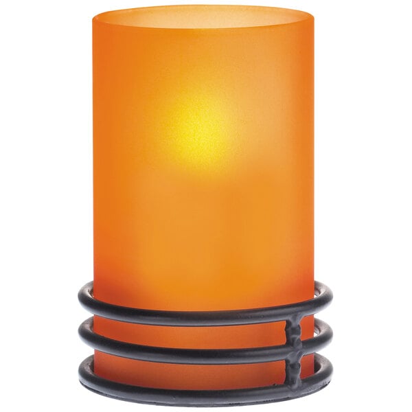A Sterno Brooklynn orange frost candle lamp with a black base and wire.