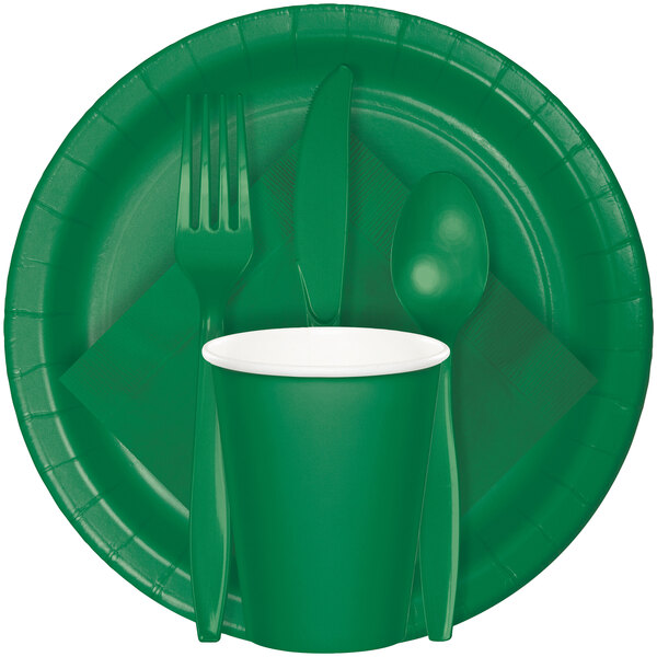 A Creative Converting emerald green paper plate with a fork, spoon, and green cup.