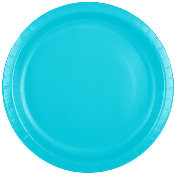 A close-up of a blue paper plate with a white border.