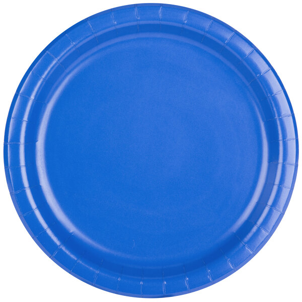 A close-up of a blue Creative Converting round paper plate.