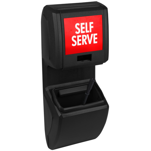 A black Commercial Zone self service station with a red sign.