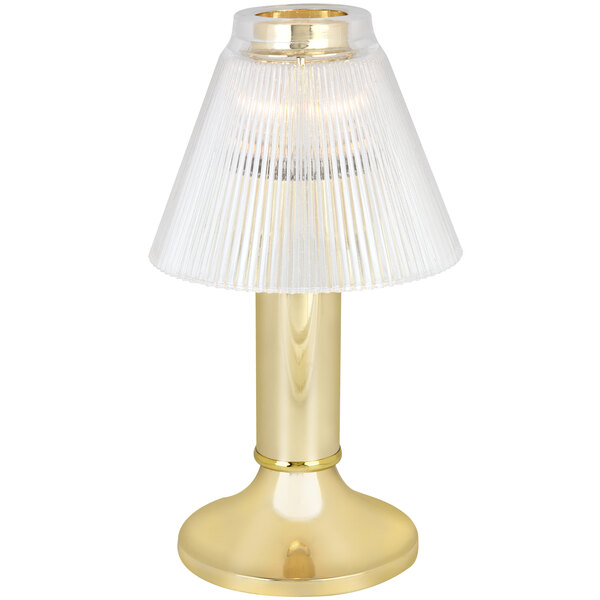 A gold Sterno Paige table lamp with a clear shade.