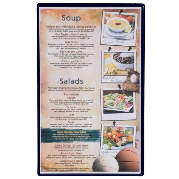 A dark blue Hamilton menu board with two panels open to show a restaurant menu.