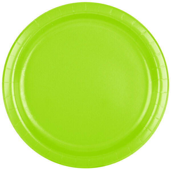 A close-up of a Creative Converting Fresh Lime Green paper plate.