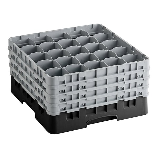 A black plastic Cambro glass rack with many compartments.