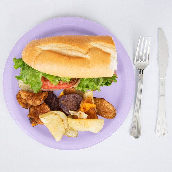 A sandwich with potato chips on a Creative Converting Luscious Lavender paper plate.