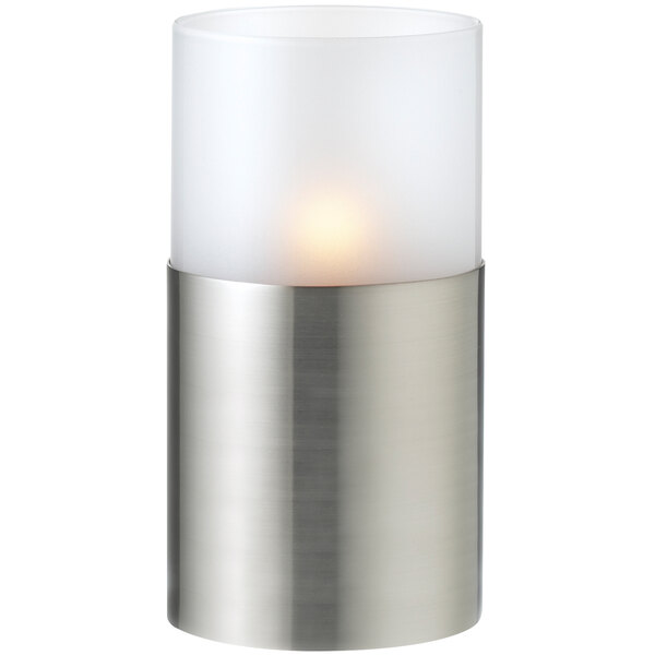 A silver and white Sterno Monacco lamp with a white light.