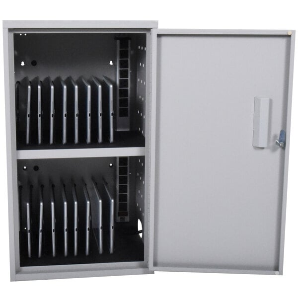 A white metal Luxor tablet charging station with rectangular shelves holding 16 tablets.