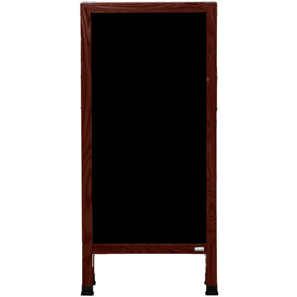 A cherry stained solid oak wooden A-frame with a black porcelain marker board.