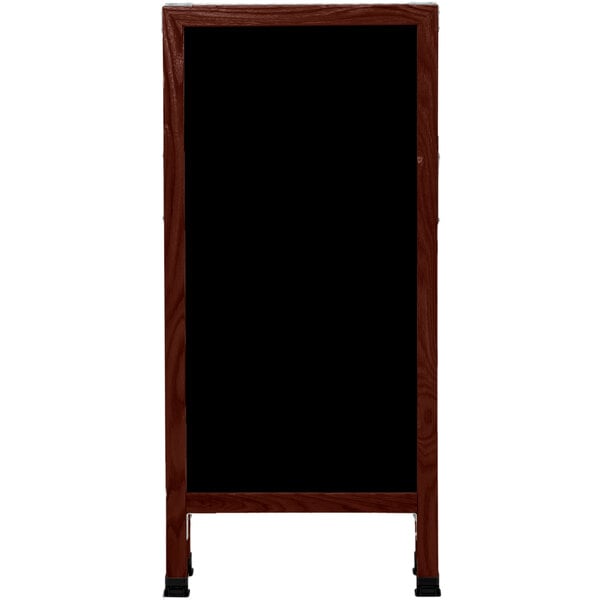 A cherry stained solid oak wooden A-frame with a black porcelain marker board.