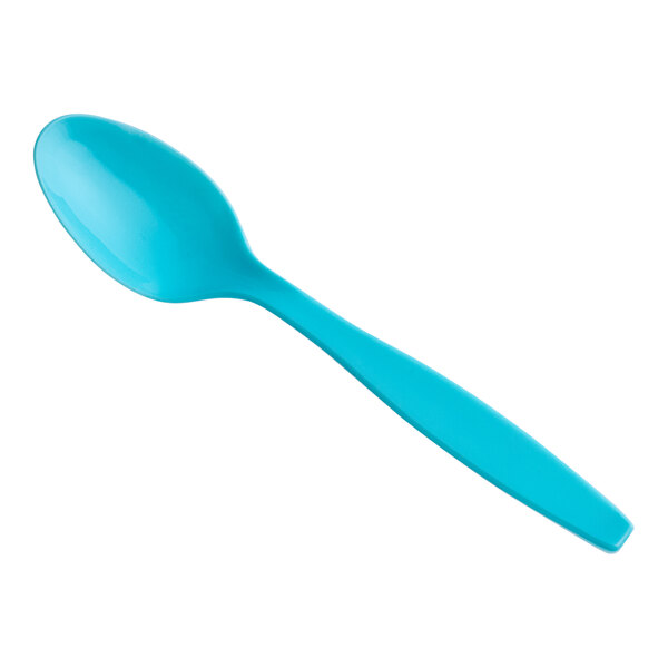 A close-up of a blue Creative Converting plastic spoon on a white background.
