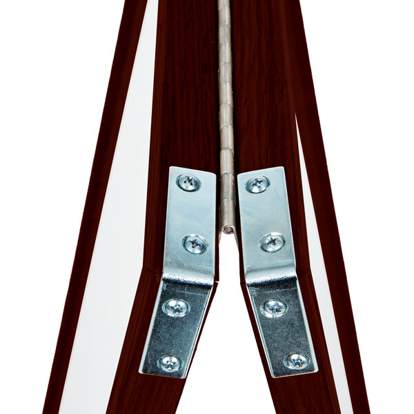 A close-up of the cherry stained solid oak wood frame on an Aarco A-Frame sign board.