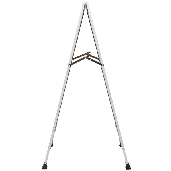 An Aarco aluminum A-Frame sidewalk board with a white porcelain marker board on a metal stand.