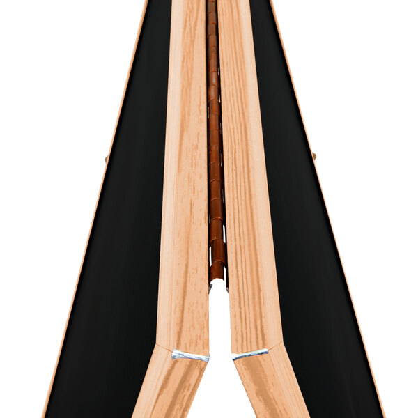 A wooden A-Frame with a black porcelain marker board on it and a wooden hinge.