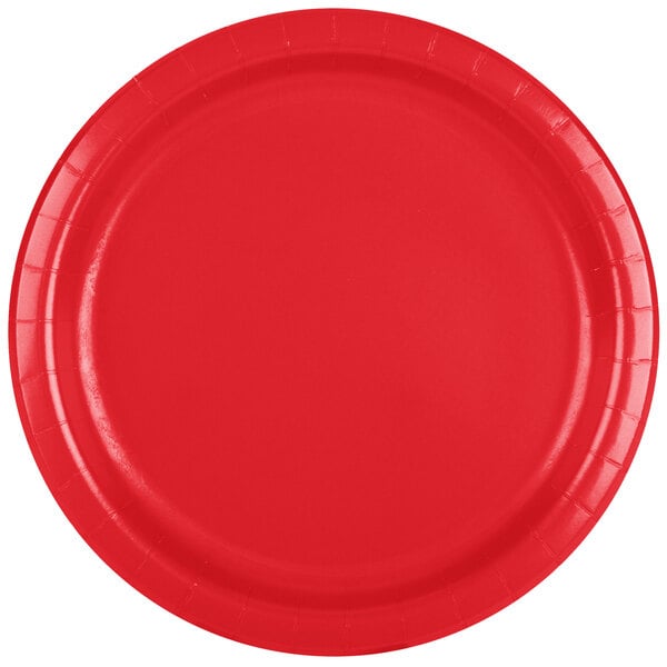 A red paper plate with a white border.