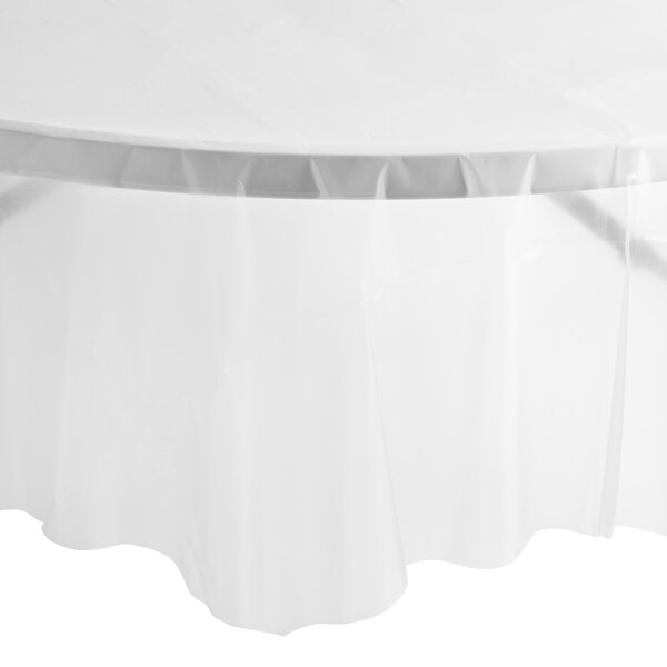 A white table with a transparent plastic table cover.