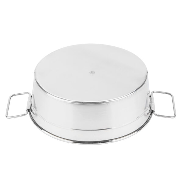 An American Metalcraft stainless steel round metal tub with two handles.