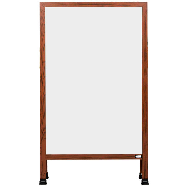 A cherry stained solid oak wooden A-frame with a white porcelain marker board.