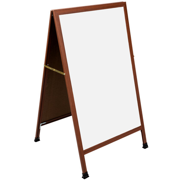 A cherry stained solid oak A-Frame with a white porcelain marker board.