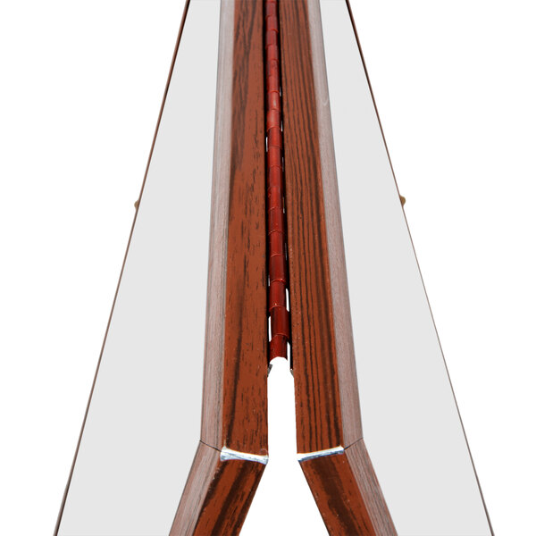 A cherry stained solid oak wood A-frame sign with white porcelain boards on it.