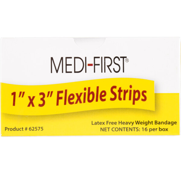 A white and yellow box of Medique Medi-First woven bandage strips with black and red text.