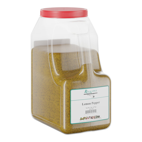A large plastic container of Regal Tangy Lemon Pepper Seasoning with a red lid.