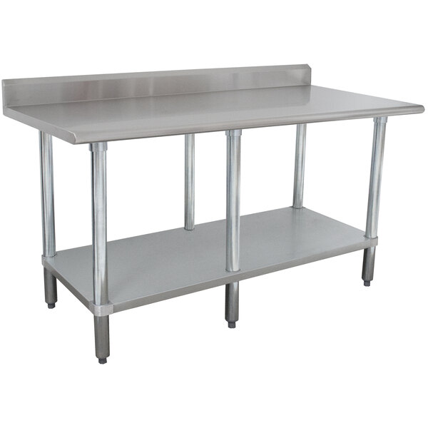 A stainless steel Advance Tabco work table with undershelf and backsplash.